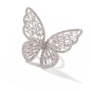 Fashion Frill Women's Jewellery Butterfly Ring - Stainless Steel Silver AD Studded Adjustable Ring for Girls - Romantic Gift for Wife Girlfriend Promise