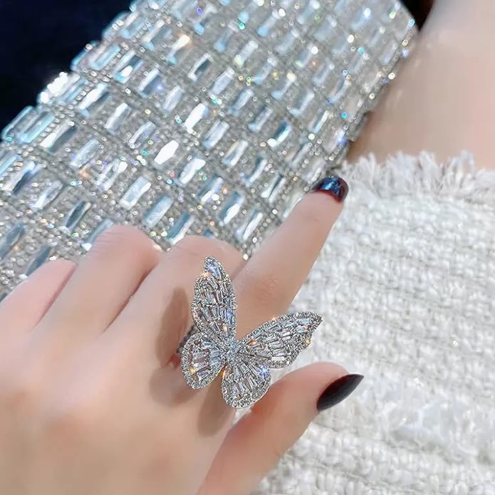 Fashion Frill Women's Jewellery Butterfly Ring - Stainless Steel Silver AD Studded Adjustable Ring for Girls - Romantic Gift for Wife Girlfriend Promise - Image 2