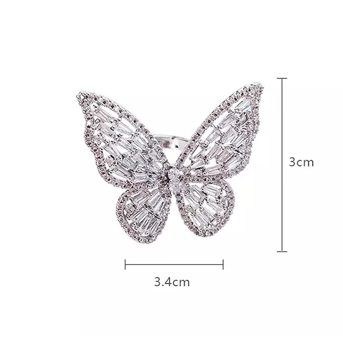Fashion Frill Women's Jewellery Butterfly Ring - Stainless Steel Silver AD Studded Adjustable Ring for Girls - Romantic Gift for Wife Girlfriend Promise - Image 4