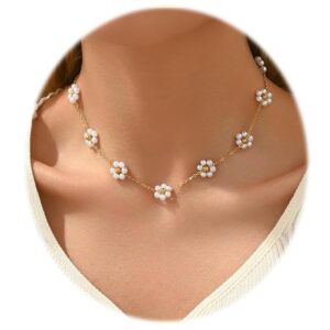 SANNIDHI® Pearl Necklace for Women Girls Flower Pendant Necklace with Gift Box Gold Plated Stainless Steel Chain Necklace Jewellery Valentine Birthday Gifts for Women, Girls, Sister, Girlfriend